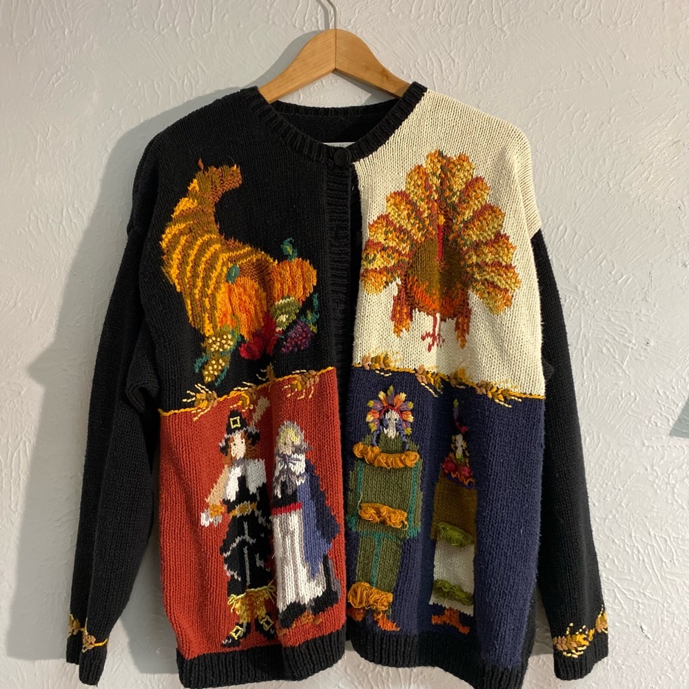 Vintage Thanksgiving Hand Knitted Cardigan- Size L